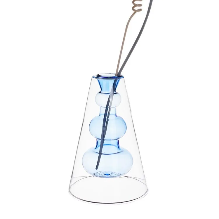 Handmade Empty Nordic Blue Glass Reed Diffuser Bottle Double Layer Colored Fragrance Glass Vase Jar for Single Flower and Stick