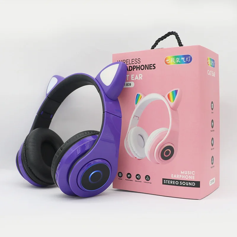 B39 Wireless headphones children MP3 player with LED colorful breathing lights cat ears with microphone headset