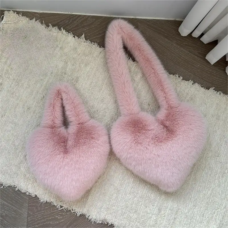 BUSY GIRL RS4752 Faux fox Fur Heart Shaped Bags for Women Fashion pink Khaki Furry Fuzzy Fluffy Crossbody Tote Bags