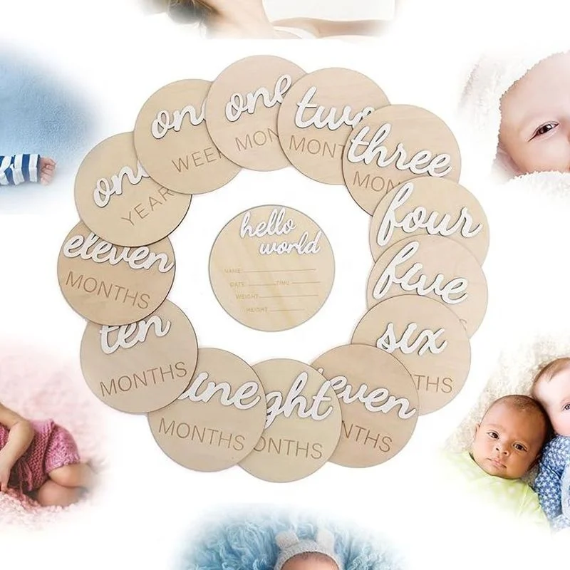 Set of 14 pcs 3D Wooden Monthly Milestone Marker Cards with Hello World Newborn Pregnancy Announcement Sign