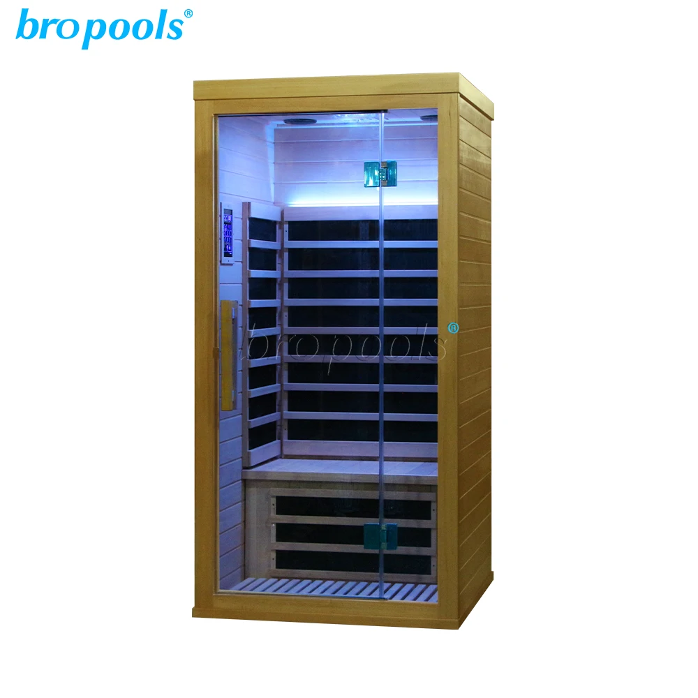 Bropool 1-Person Modern Home Use Far Infrared Sauna 220V Wooden Construction with Touch Control Panel for Apartment Use