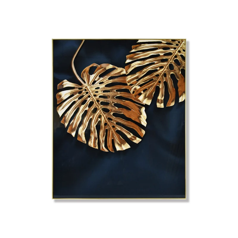JZ  Living Room Decor Artwork Acrylic Wall Art Poster Gold Plant Leaf 5D Crystal Porcelain Painting