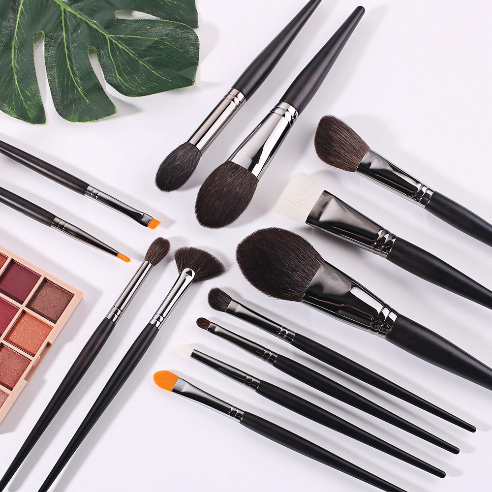  BEILI Natural Black color wood handle makeup brush set 13pc Powder Foundation Goat Pony Synthetic hair private