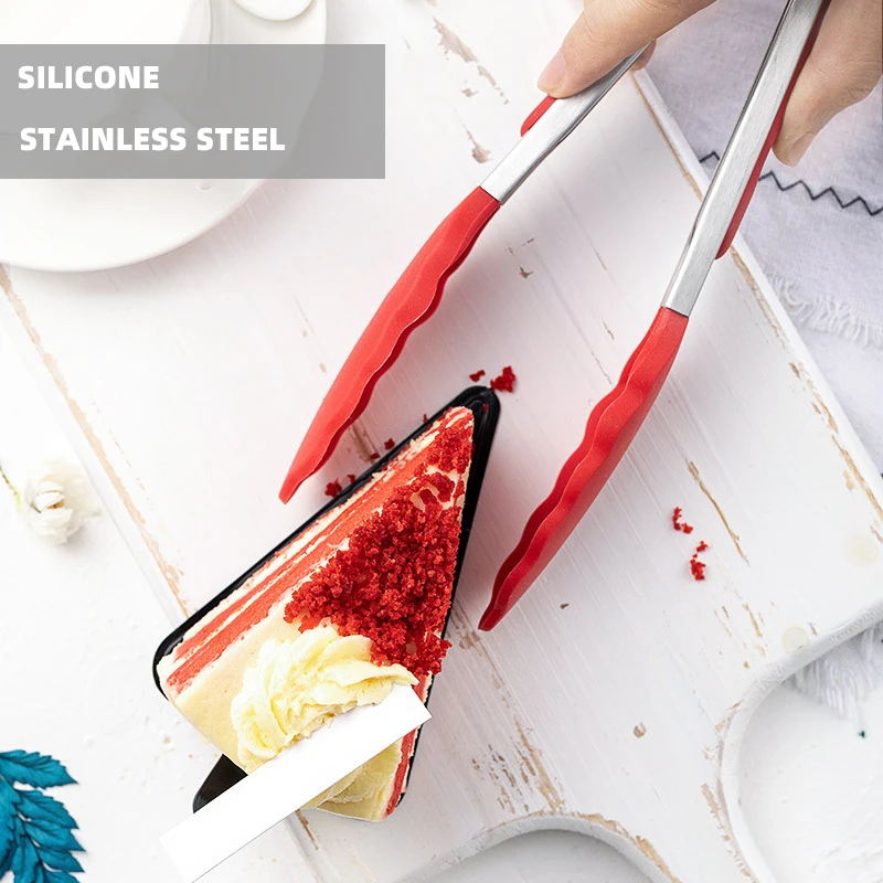 Wholesale BBQ grilling tong cooking kitchen tools stainless steel Non-slip bread silicone food tongs for BBQware