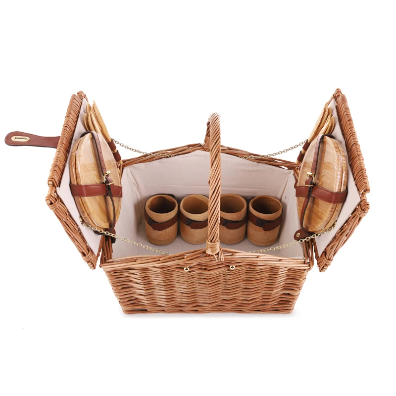 4 person picnic wicker basket with bamboo cuterly and cup ,plates