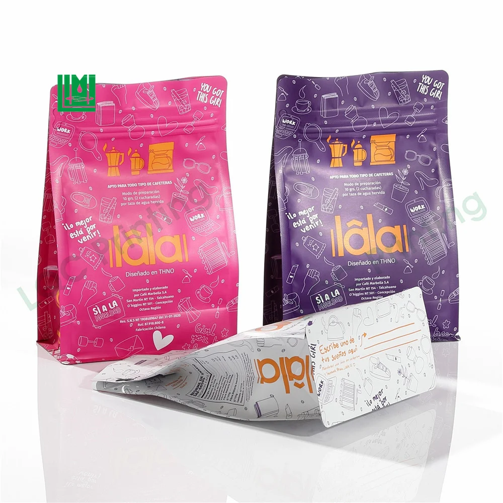 Custom flat box square bottom eight-side matte frosted glossy finish 100% recyclable coffee packaging sachet pouch bag