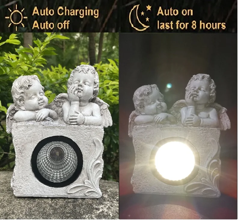 Polyresin Decoration Two Cute Angels Solar Led Outdoor