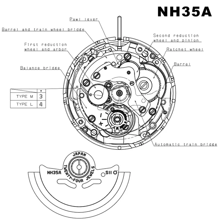 RTS Automatic Japan Seik Original  NH35 Mechanical 24 Jewels Wheel NH34/NH36 Movement Vibrations Per Hour 21600