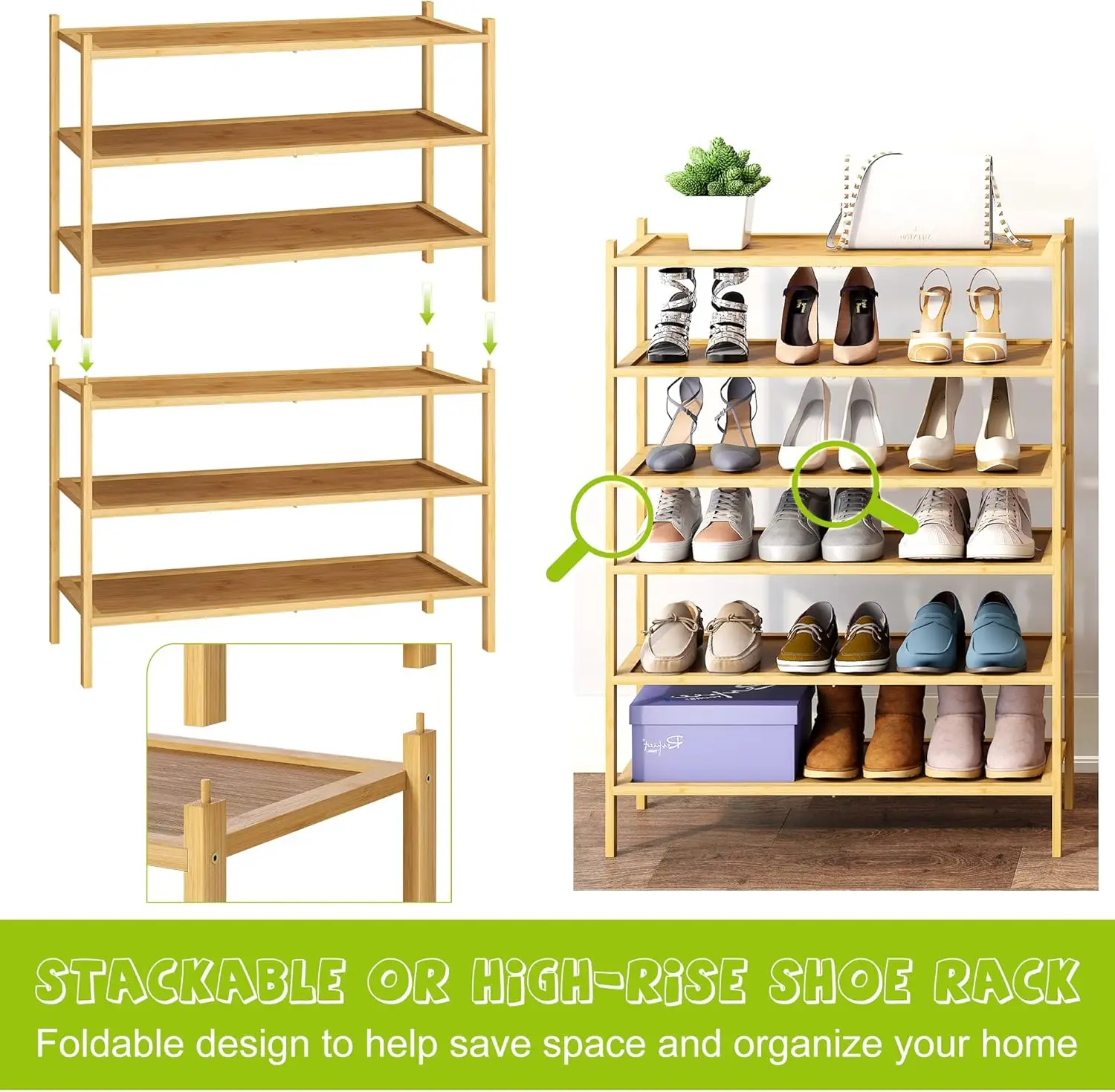 Premium 3-Tier Bamboo Shoe Rack Living Room Entryway Organizer with Stackable Shoe Shelf Storage Cabinet for Home Use