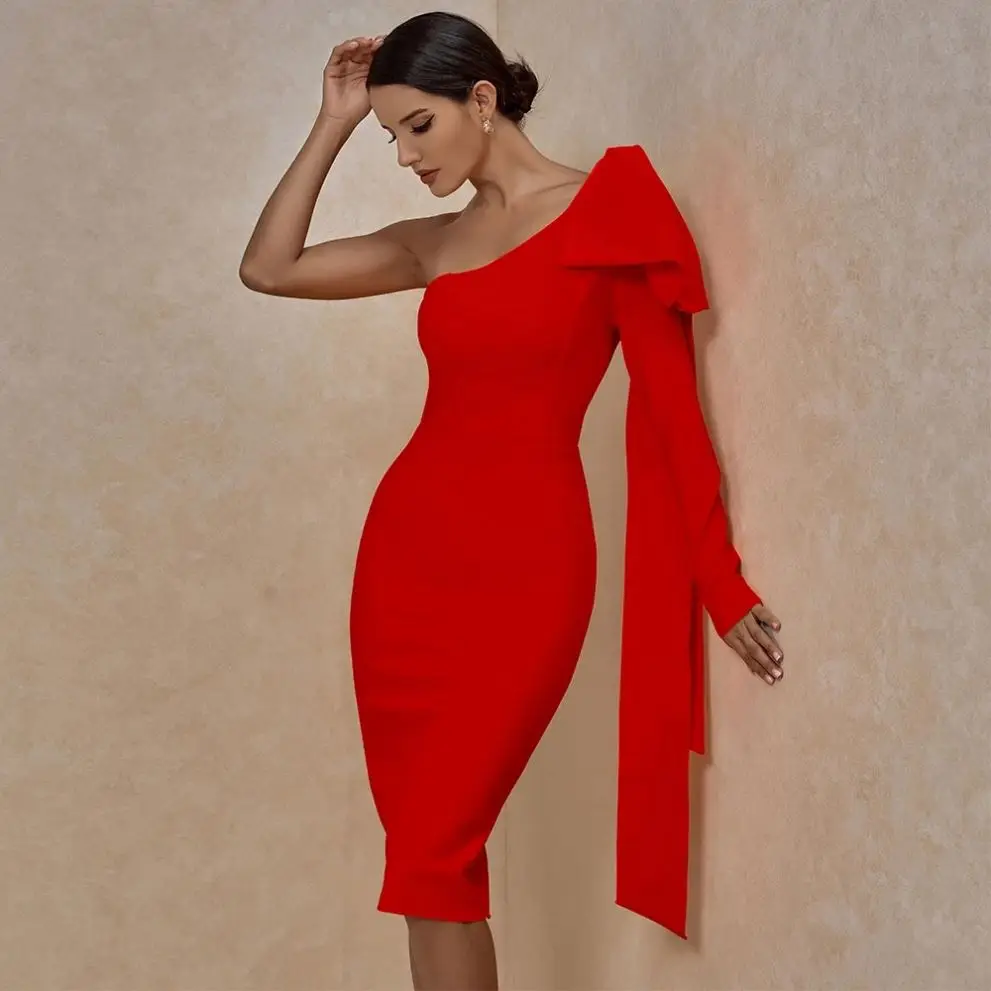 KI375 2022 New Spring Solid Bowknot Bandages Dresses For Women Evening One Shoulder Sexy Club Party Bodycon Dress