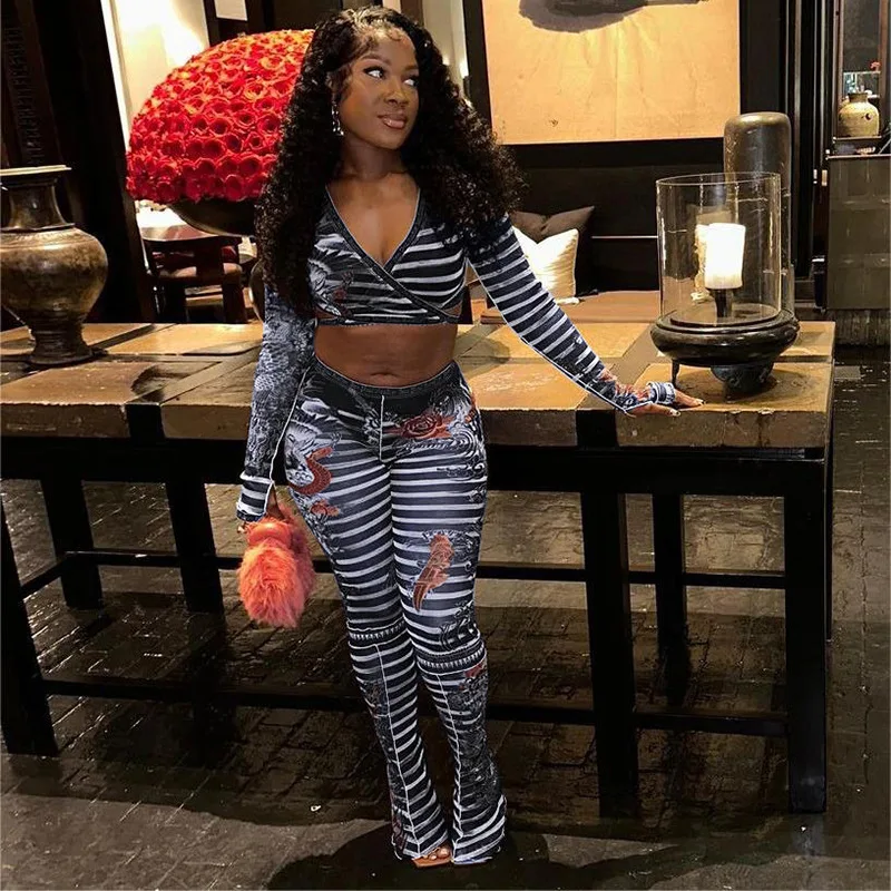 Sharee 2024 Latest Design Hot 2 Piece Pants For Women V Neck Mesh See Through Long Sleeve Crop Tops Print Women Two Piece Set
