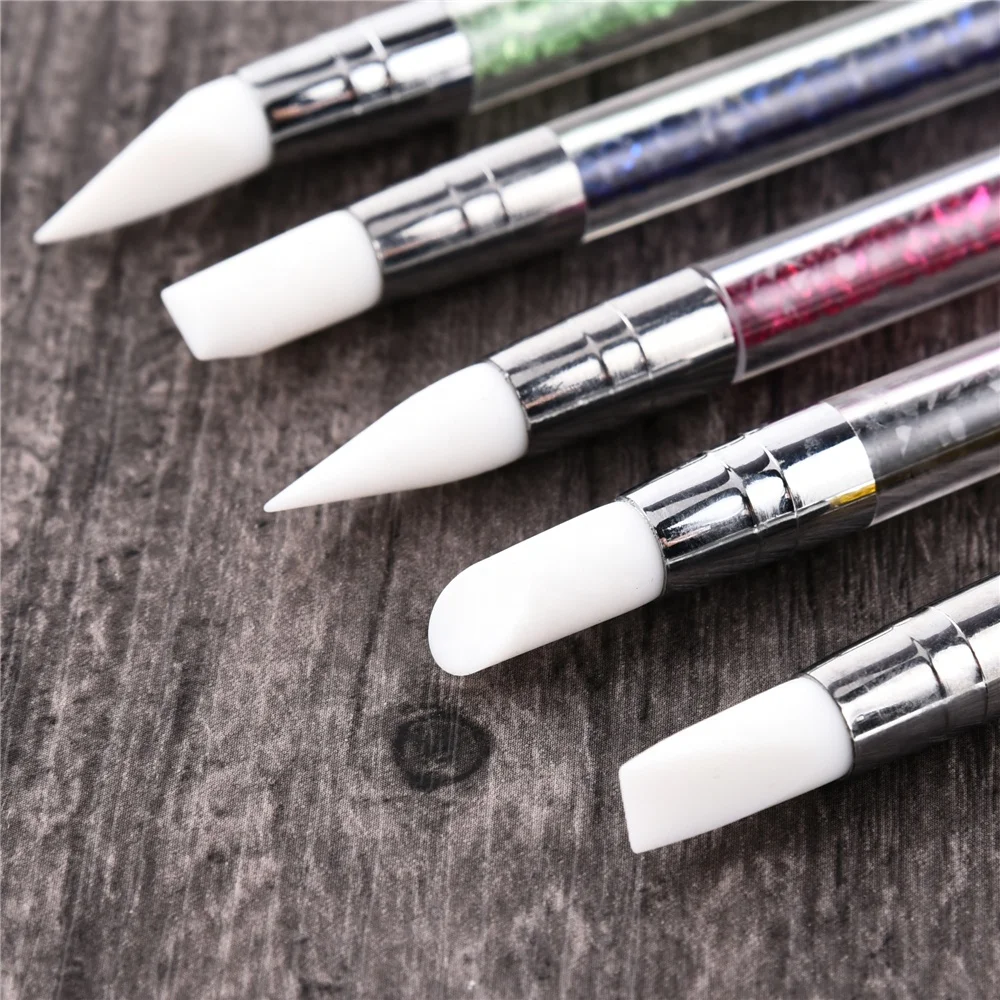 2 Ways Silicone Nail Art Acrylic Pen Brushes set Rhinestones Design Sculpture Carving Brush For 3D Effect Shaping Drawing