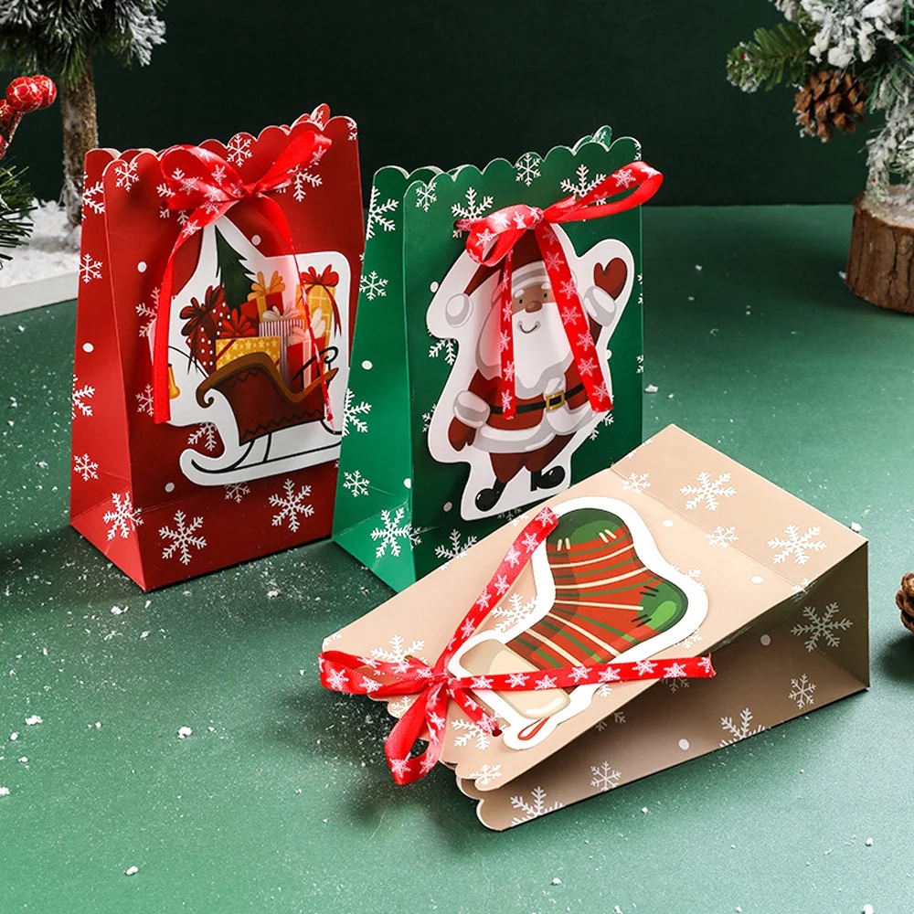Christmas Themed Ribbon Paper Cookie Gift Bags Candy Sweet Packaging Bag for New Year Merry Christmas Xmas Party Package