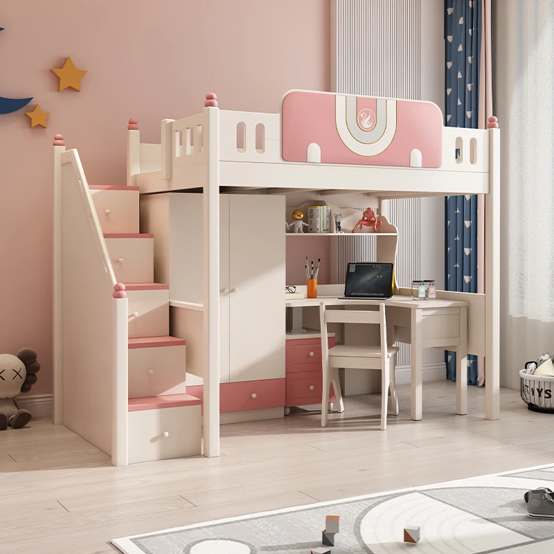 Hotel bedroom elevated bed furniture set desk wardrobe combination bed assembled cartoon style room