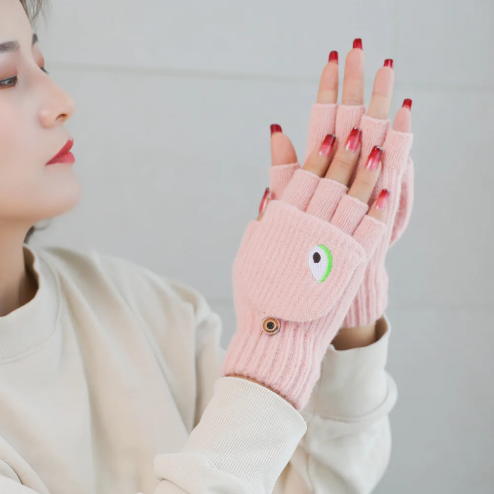 OEM Wool knit clamshell gloves warm versatile fruit print cycling students writing finger gloves