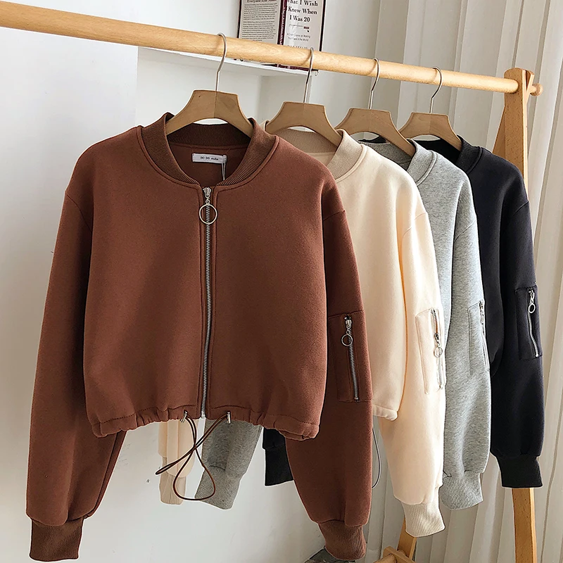 Winter Korean style hem drawstring tie round neck zipper  pullover bubble sleeve solid color crop top jacket