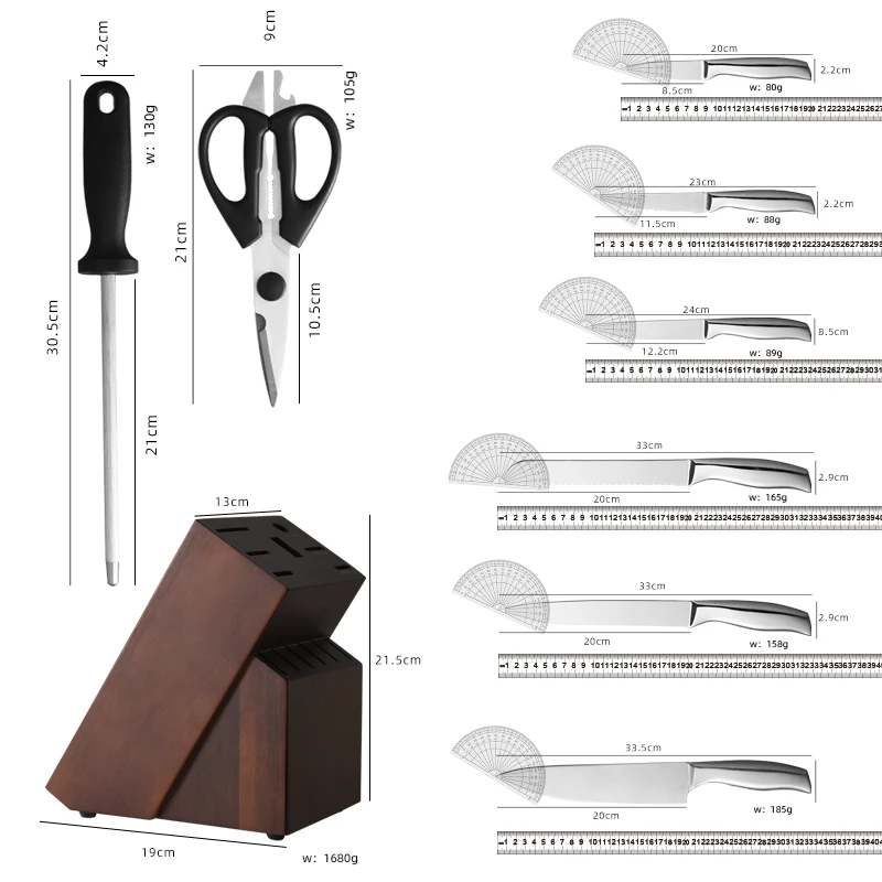 30Cr13 High Carbon Stainless Steel 14 Pieces Kitchen Knife Set With Wooden Block Hollow Handle Chef Knife With Knife Sharpener