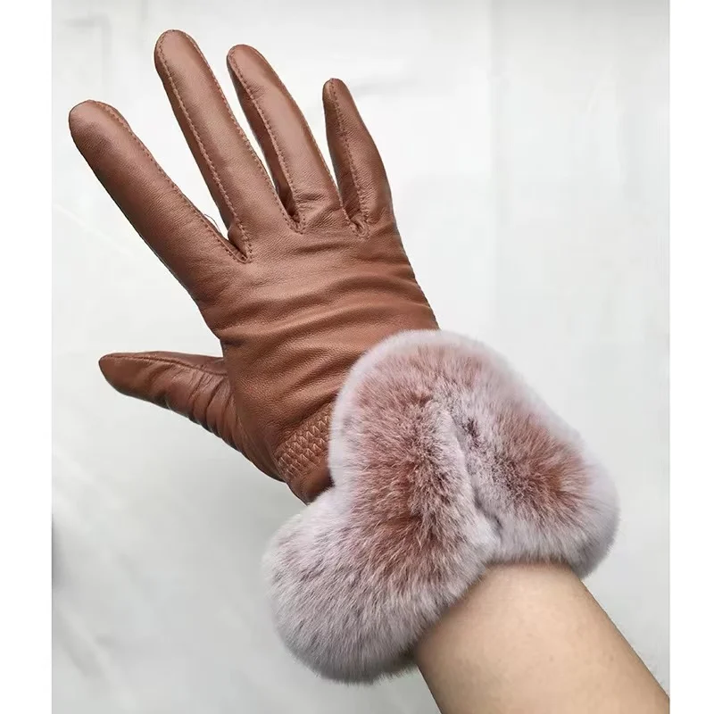 Factory Wholesale Sales Ladies Fashion Real Leather Gloves With Fur Cuffs For Autumn And Winter Warm Rabbit Fur Mittens  Women
