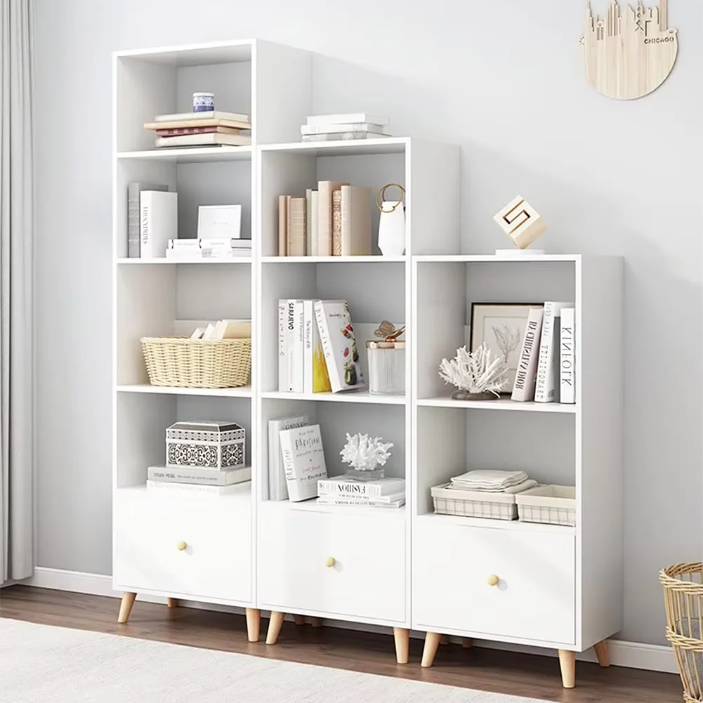 4-Tier Open Shelves Bookcase - 59 Inches Height Modern Floor Standing Cubes Wooden Mid Bookshelf with Storage Drawer and Legs