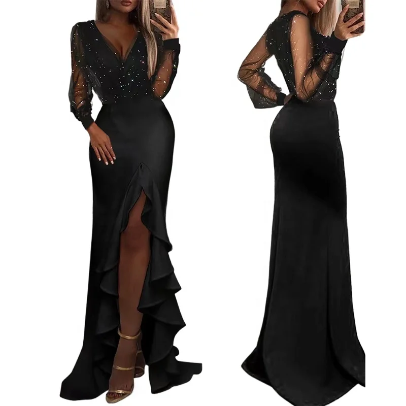 Liu Ming New Fashion Spring 2024 Women Clothes Sexy Long Sleeve Mesh High Slit Bodycon Party Club Maxi Dress