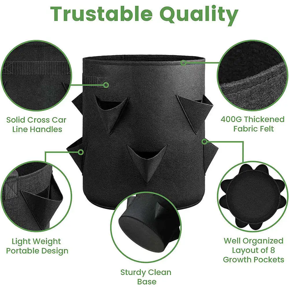 Heavy Duty Re-usable Garden Planting Grow Bag 10 Gallon Felt Fabric Strawberry Grow Bag With 8 Pockets