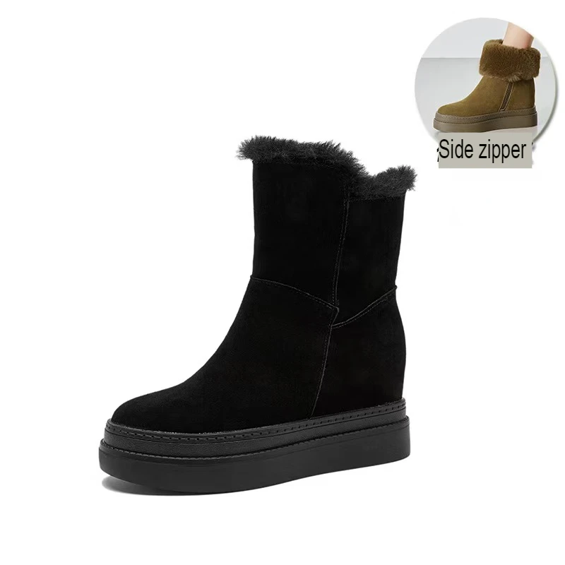 Winter New Small Height Snow Boots plus Velvet Padded High Heel round Head Two Wear Leisure High Cylinder Side Zipper