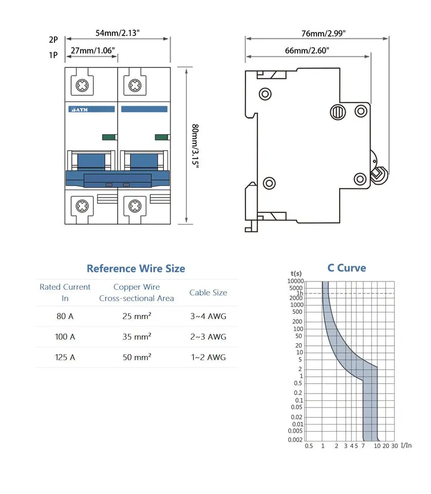BAYM 2P 80A 100A 125A DC MCB 600V Circuit breaker FOR PV System C curve MCB Battery Main Switch