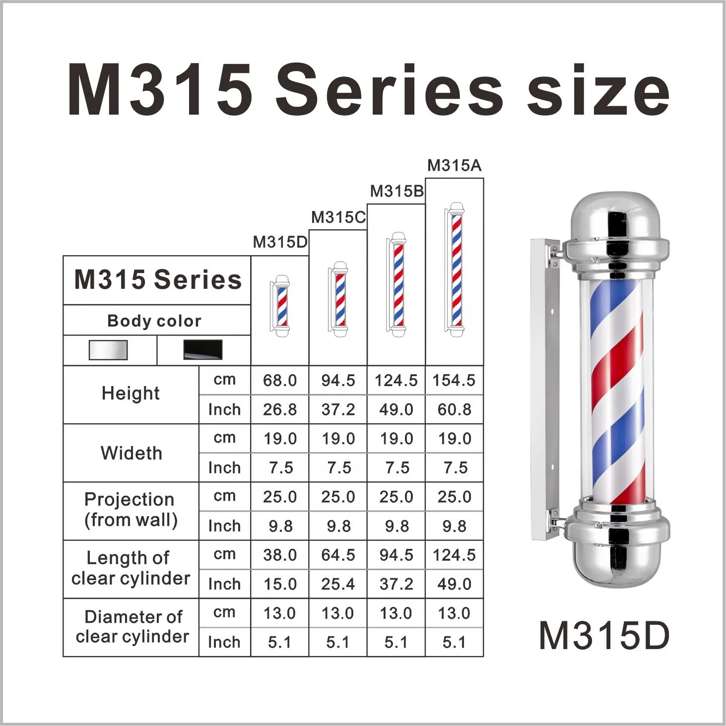 M315  High quality  barber shop sign LED light barber pole ABS