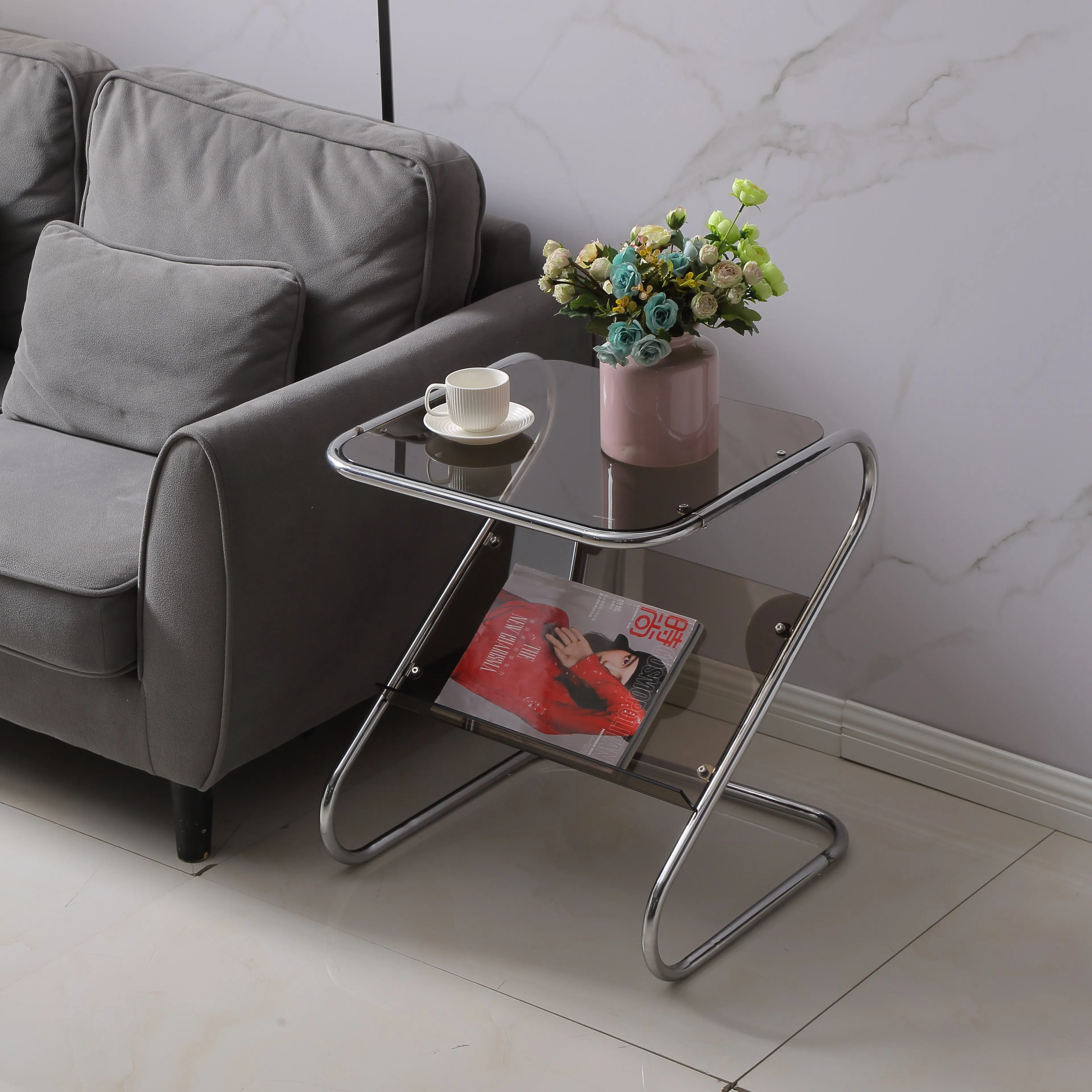 Hot Selling Small Home Furniture Indoor Side Table Glass Book Holder Rack Z Shape Metal Frame Coffee Table