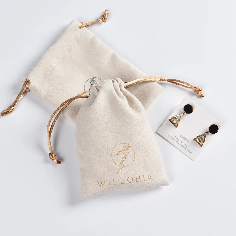 luxury faux suede jewelry drawstring pouch bag with gold logo printed