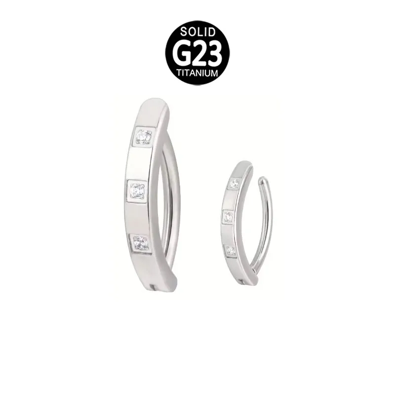 14GA F136 Implant Grade Titanium CZ Crystal Lined Hinged Curved Bar Belly Button Ring rectangle