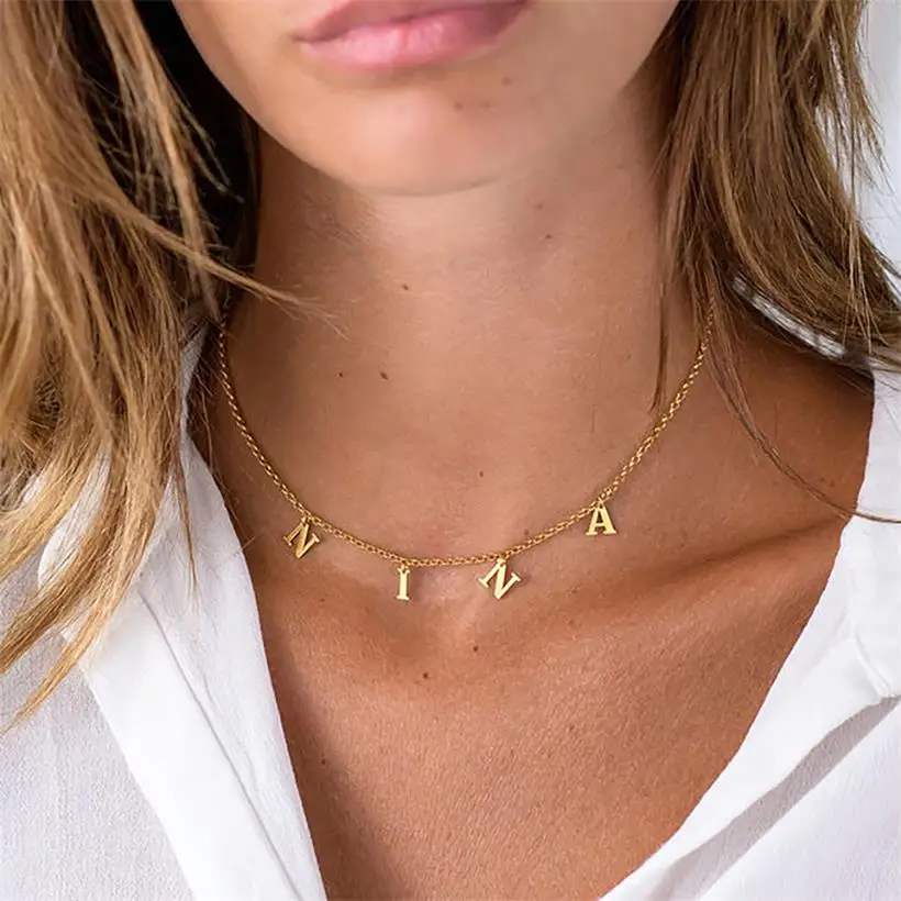 Custom Jewelry Women Initial Charm Personalised 18k Gold Name Letter Necklace//