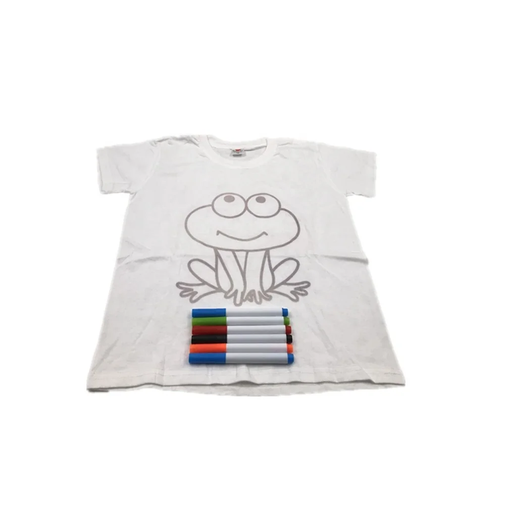 Kids 100% Cotton Short Sleeve T-Shirt Washable Fabric Markers Drawing Toys Set for Creative Coloring