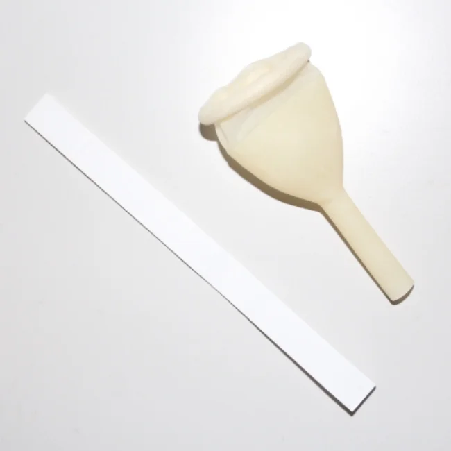 Disposable external male urinary catheter with adhesive strip