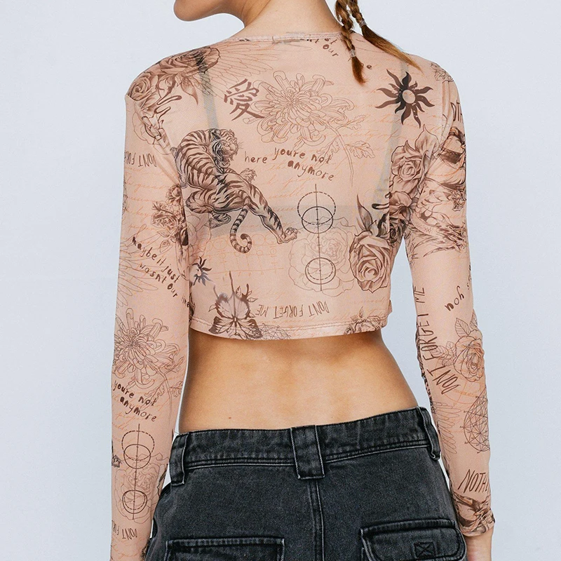 Fall Hot Sale 2022 OEM Custom Tattoo Print Women Sexy Y2K Lace Mesh Long Sleeve Crop Top