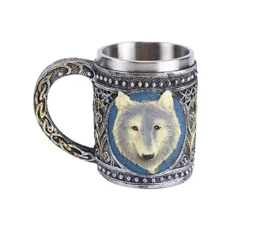 Stainless Steel Wolf Mug Resin 3D Wolf Coffee Cup Stainless Steel Travel Tea Wine Beer Mugs
