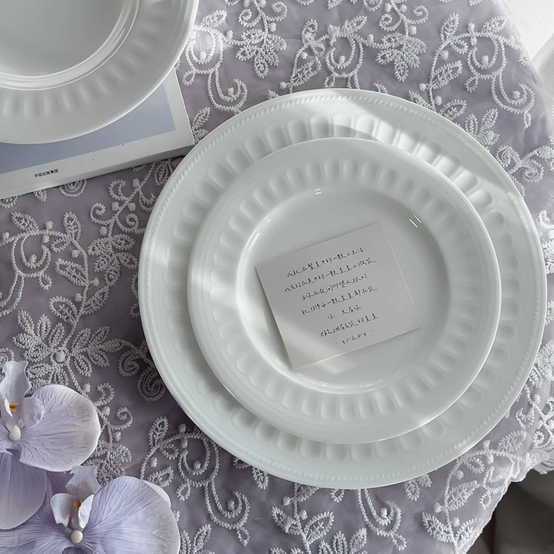 Elegant roman series white dinner plates embossed design ceramic plate set for event