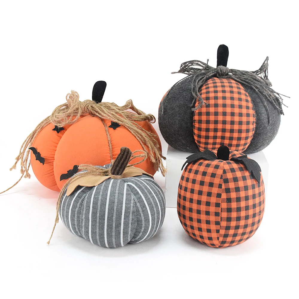 Handmade Pumpkin Figurine Artificial Plush Seasonal Thanksgiving Orange Fabric Halloween Pumpkin with Bat Ornament