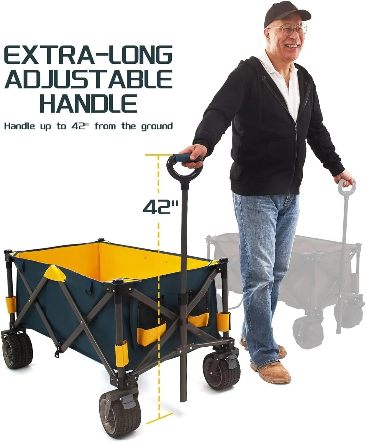 Extra Large Foldable Wagon Cart with All-Terrain Wheels Adjustable Handle Sturdy Heavy Duty Green Brown Large Capacity Brakes