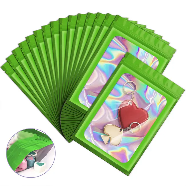 Custom Logo Ziplock Resealable Smell Proof Holographic Glitter Zip Lock Mylar Plastic Bags With Windows Green For Jewelry