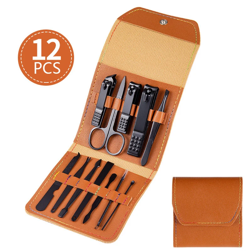 Professional 12pcs Manicure & Pedicure Set Black Stainless Steel Portable Nail Care Professional Full Set