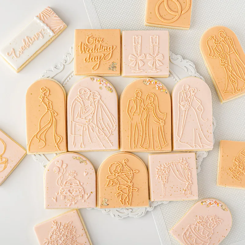 Saffron 17 designs Wedding acrylic embossed stamp and cookie cutter rings cake dress couple holding flowers cookies embosser