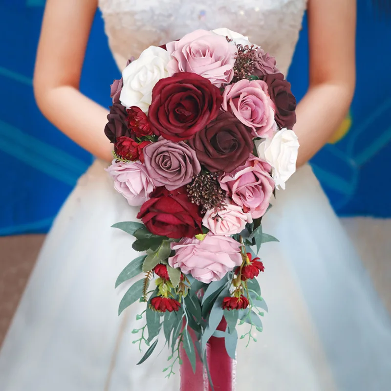 Pink Red Rose Bridal Bouquet Cascading Wedding Bouquets for Bride Artificial Flowers Rose Bride Bouquets