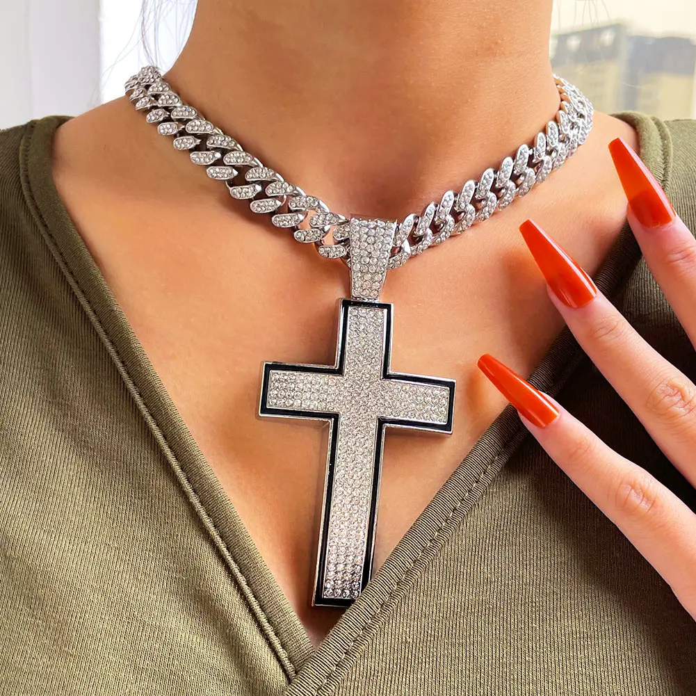 13MM Cuban Chain Christian Cross Pendant Necklace Hip Hop Women Religious CZ Stone Enamel Cross Necklace