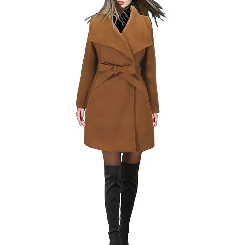 
New Fashion Women girls winter lapel belt solid woolen overcoat hot style ladies warm clothing long trench coat 