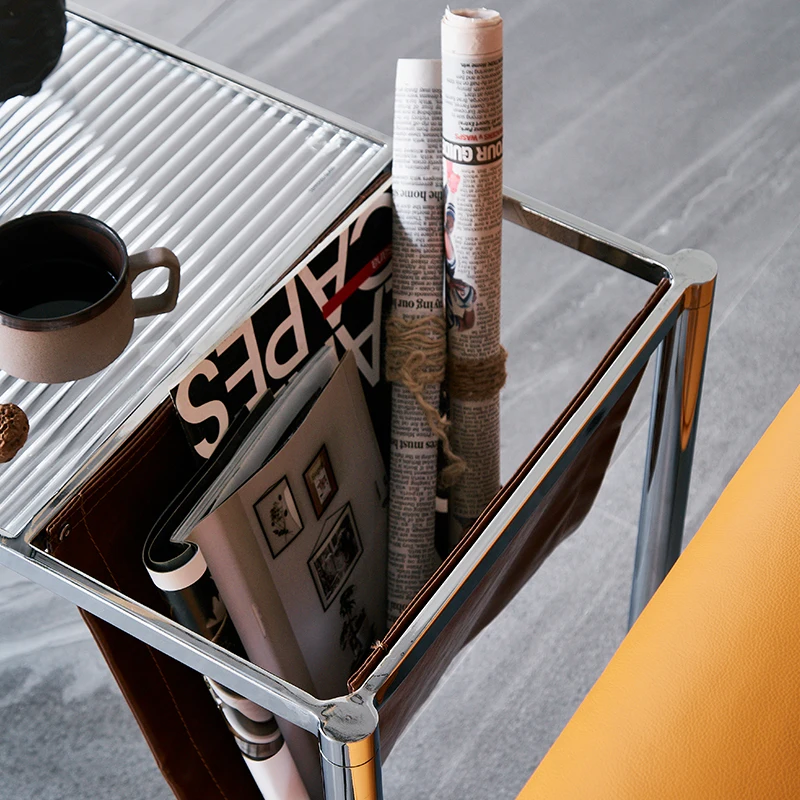 Modern Home Furniture Indoor Metal Frame Small Coffee Table Glass TOP Magazine Bag Holder Sofa Side Table