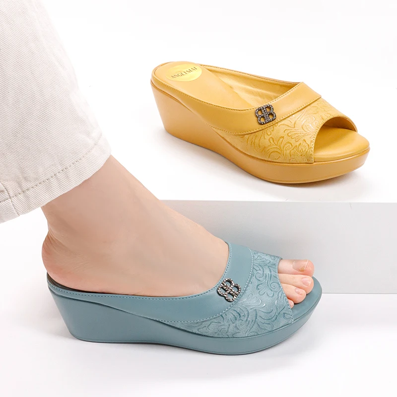 Summer Thick Platform Carving Mules Fish Mouth Open Toe Wedges Shoes Women Rhinestone Mama Shoes Comfortable Mujer Casual Shoes