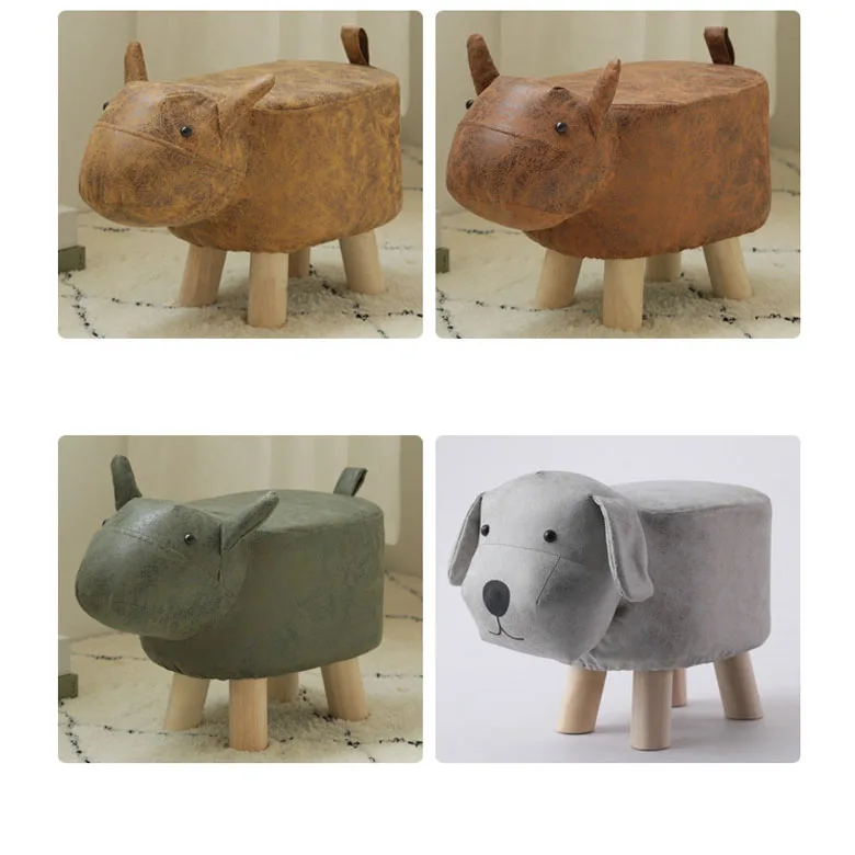 Wood Dog Children Footstool Pouf Kid Animal Ottomans Stools