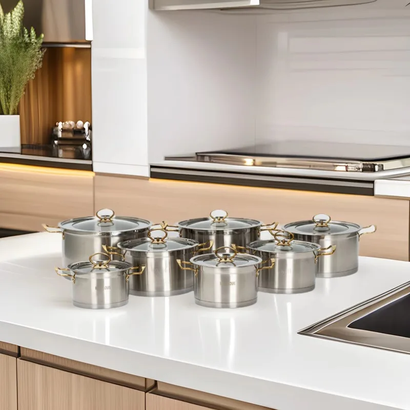 Hot Sale 6 Pcs Stainless Steel Cookware Set Nonstick Cooking Pots And Pans Straight Shape Gold Kitchen Utensils