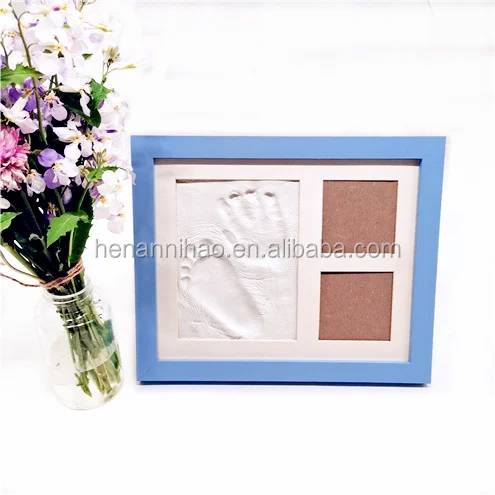 23*28cm New Born Baby Blue Wood Handprint Footprint Inkpad Clay Photo / Picture Frame Keepsake Kit